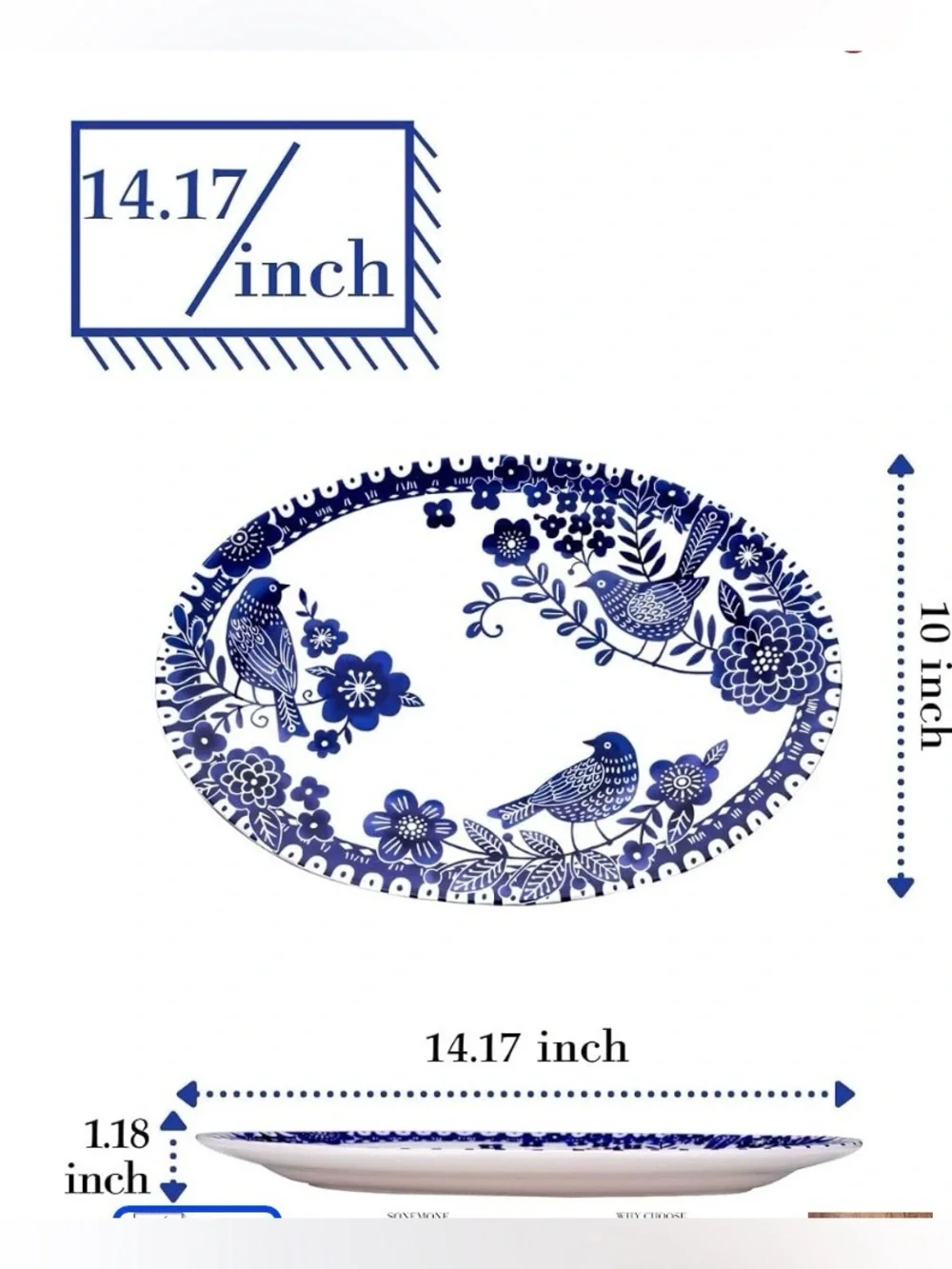 Sonemone Blue Bird Ceramic Oval Serving Platter
